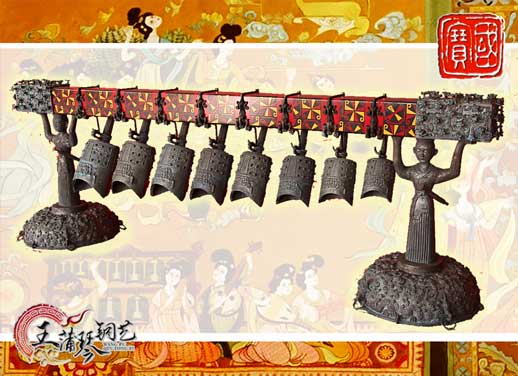 8件古編鐘，銅人銅座裝飾，可發(fā)音